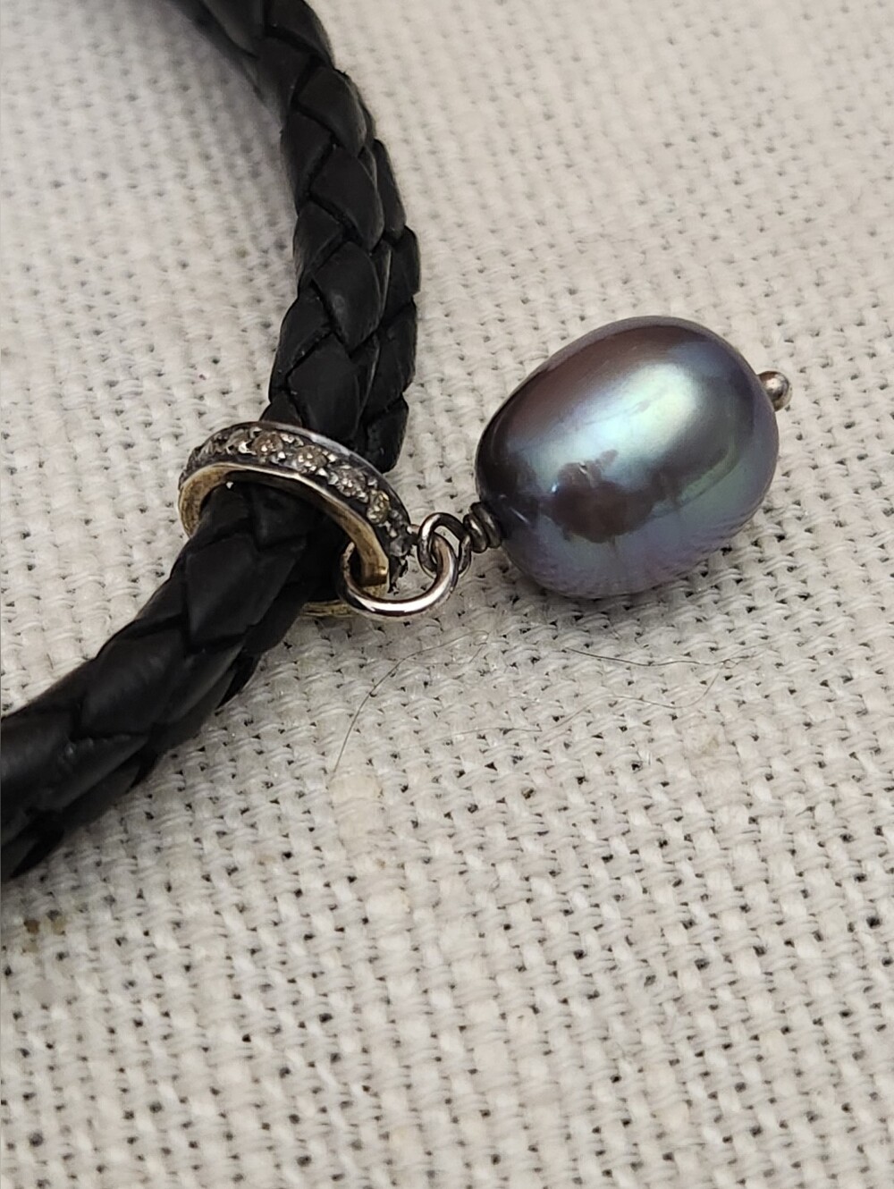 Chan Luu Braided Black Leather Bracelet with Iridescent grey/peacock Pearl Charm